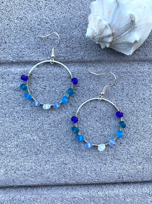 Blue Ombré Seaglass Wire Wrapped     Hoop Earrings