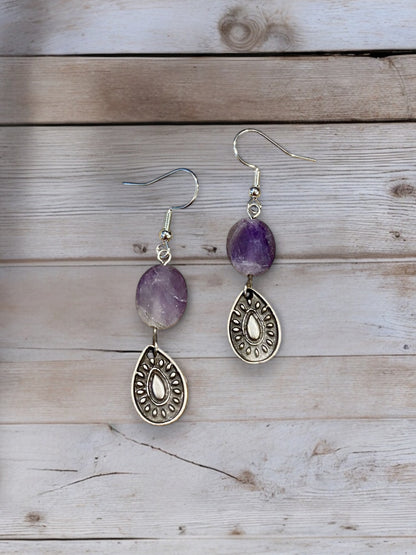 Amethyst and Antique Silver Teardrop Charm Earrings