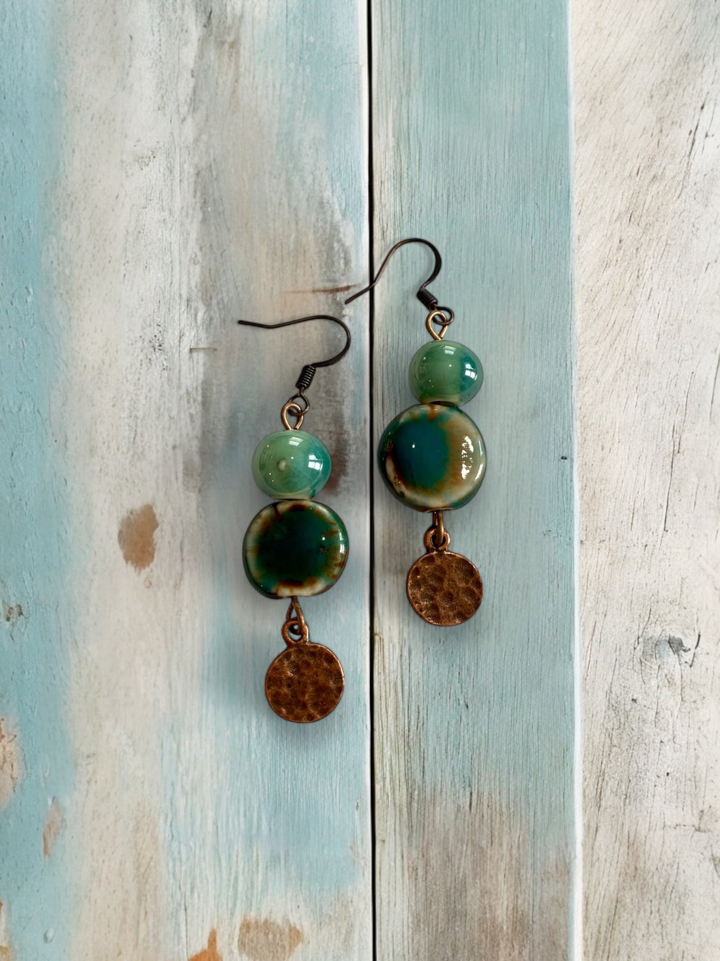 Green Bead and Red Copper Circle Charm Dangle Earrings