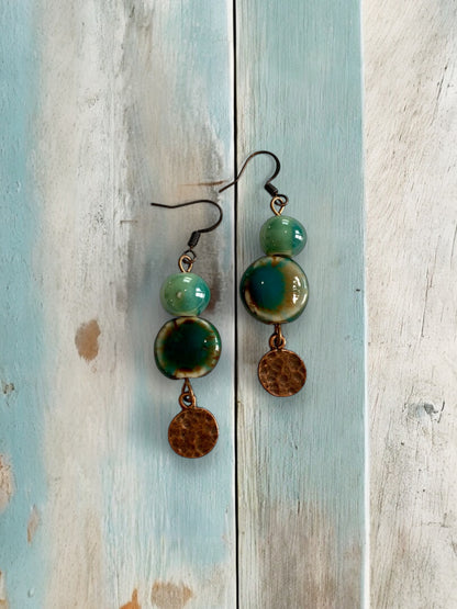 Green Bead and Red Copper Circle Charm Dangle Earrings