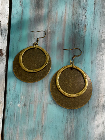 Antique Bronze Circle Charms Layered Hoop Earrings