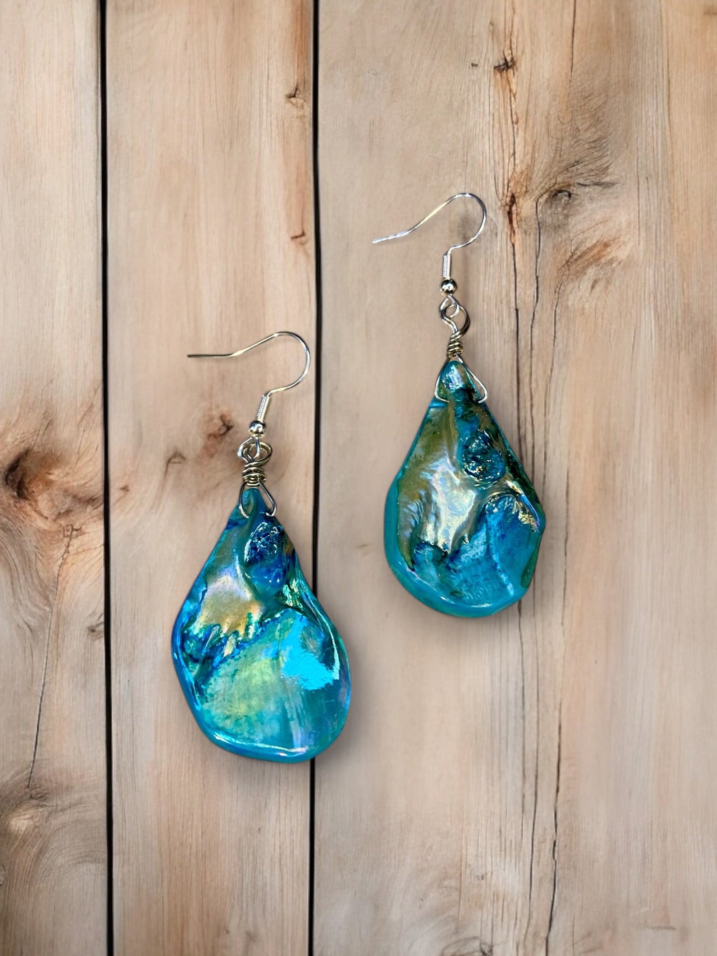 Large Blue Teardrop Shell Pendant Earrings