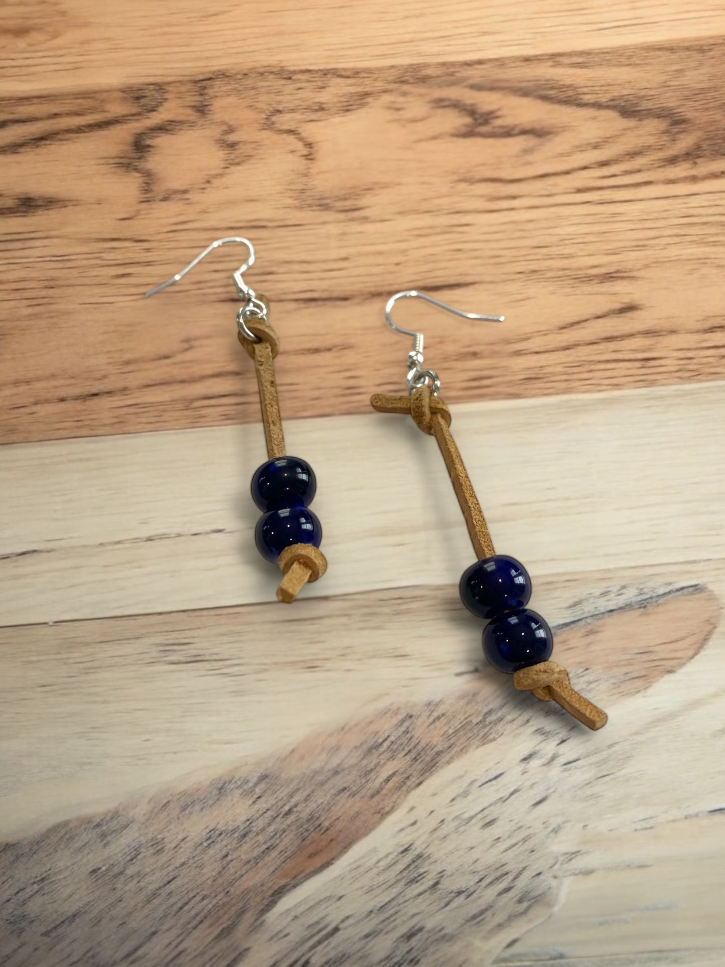 Deep Blue Beaded Knotted Cord Earrings