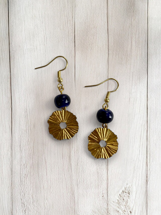 Blue Bead and Gold Circle Dangle Earrings