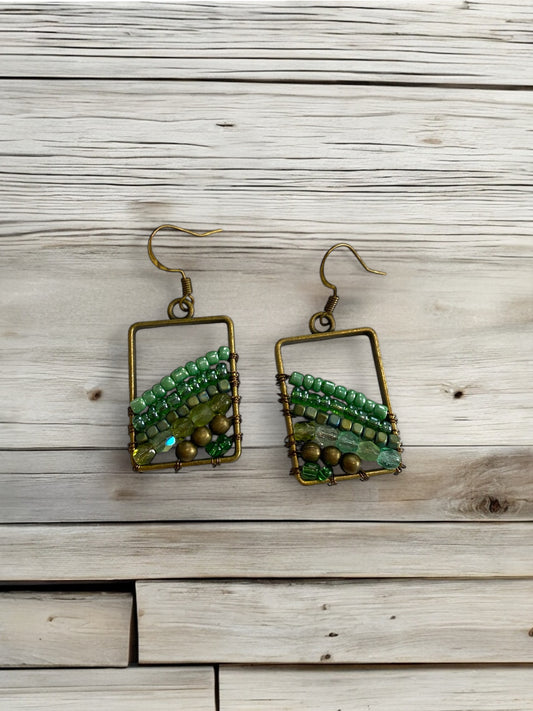 Green Beaded Wire Wrapped Earrings