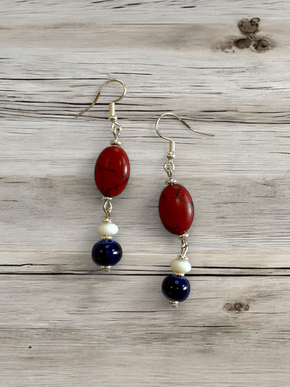 Red, White, and Blue Beaded Dangle Earrings