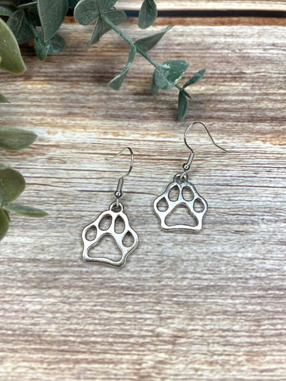 Silver Paw Print Charm Earrings