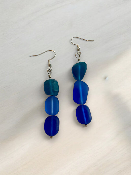 Blue Seaglass Layered Earrings