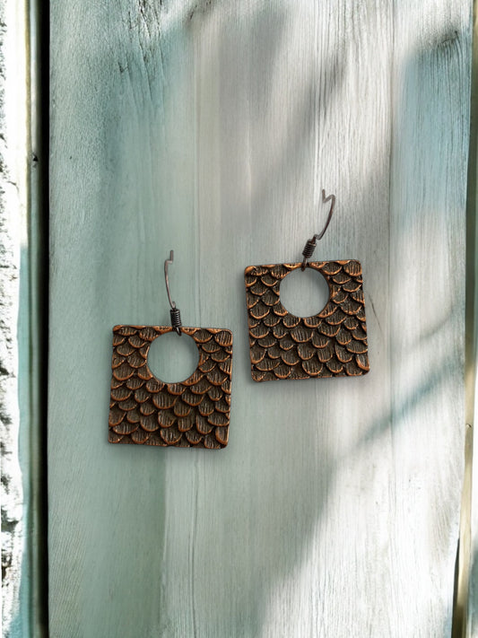 Red Copper Feather Texture Square Charm Earrings