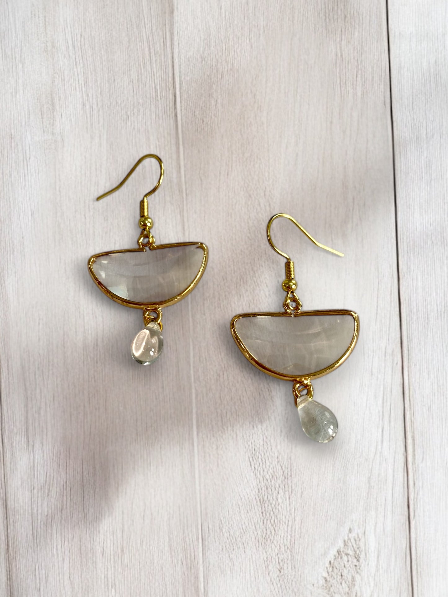 Gold Semicircle Charm and Clear Teardrop Bead Dangle Earrings