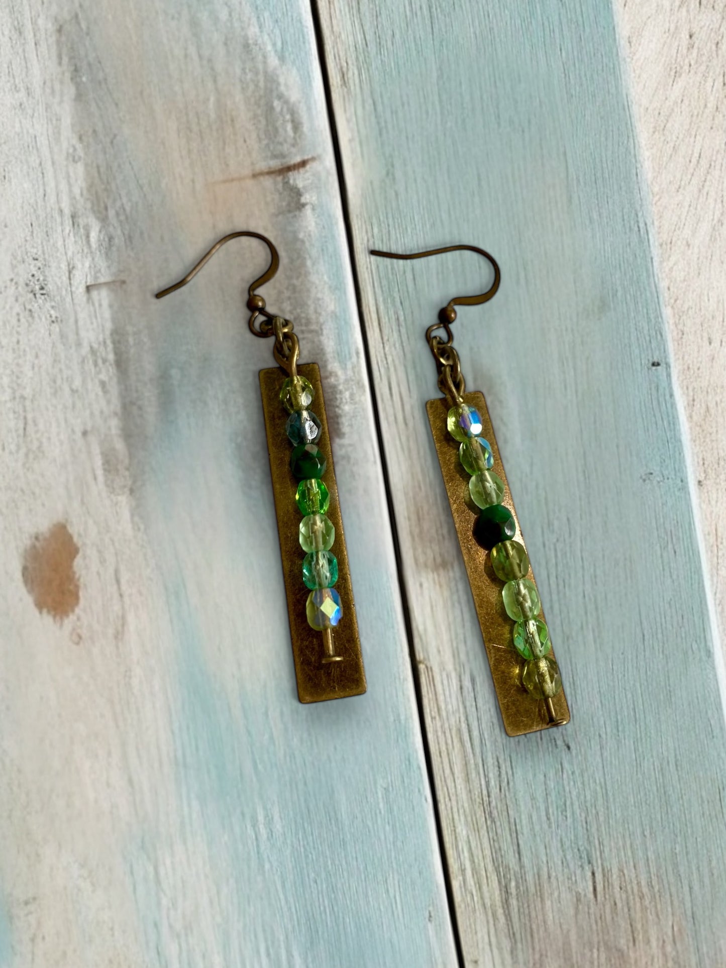 Antique Bronze Bar and Green Beaded Drop Earrings