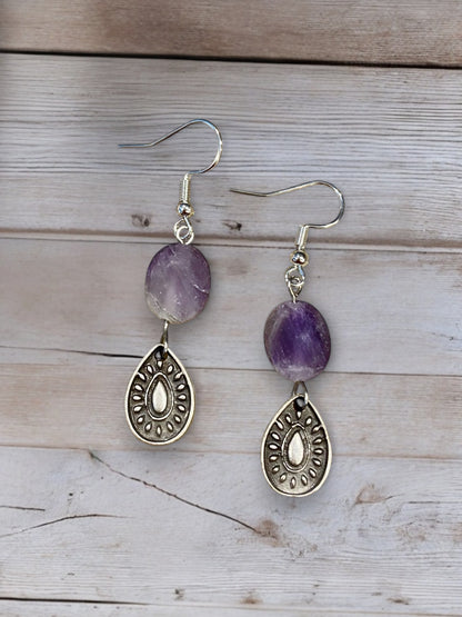 Amethyst and Antique Silver Teardrop Charm Earrings