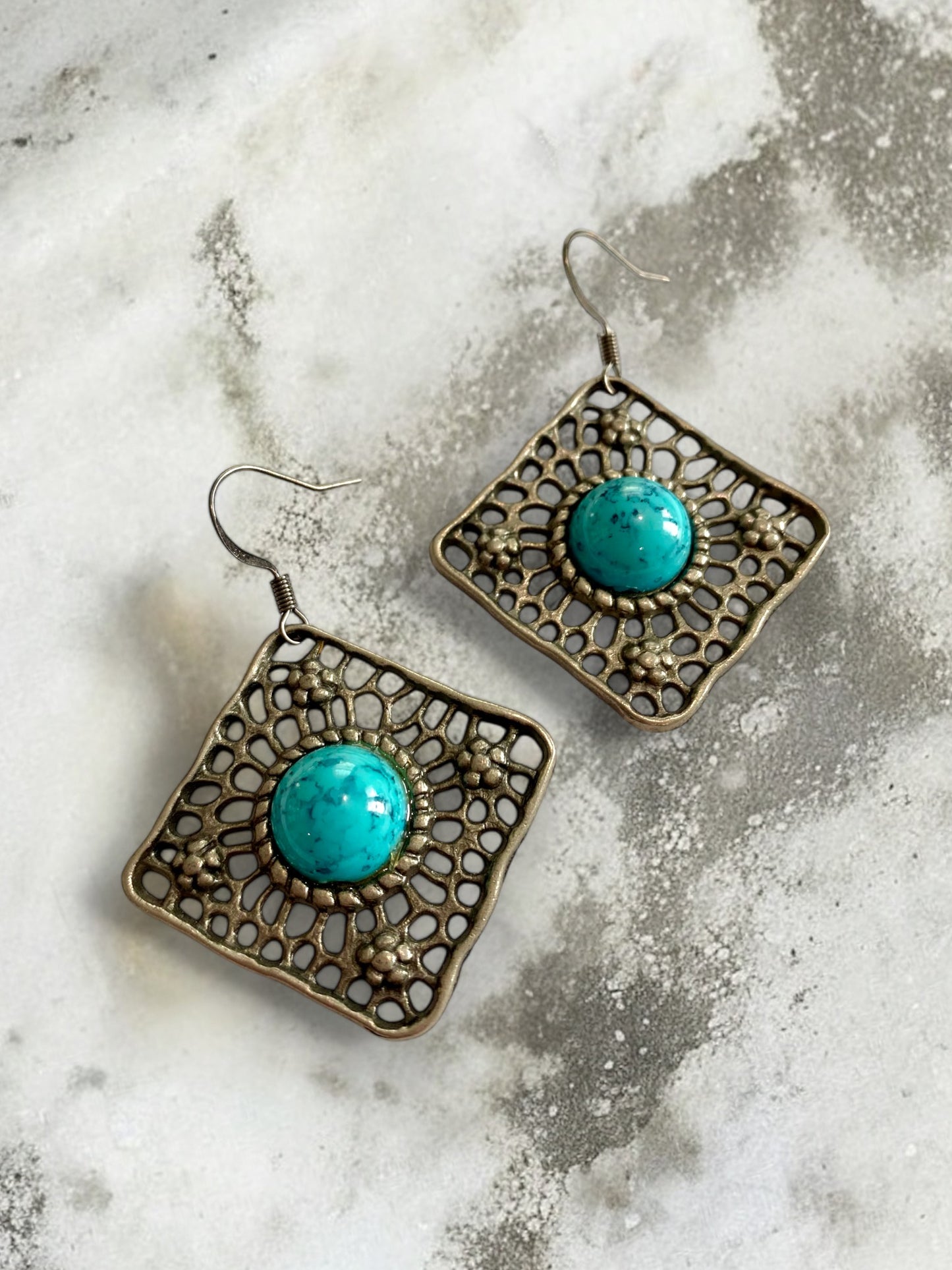 Antique Gunmetal and Turquoise Pendant Earrings