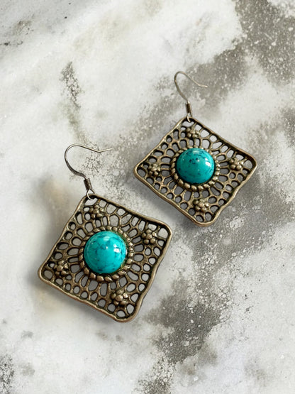 Antique Gunmetal and Turquoise Pendant Earrings