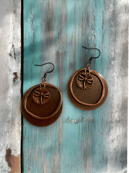 Red Copper Circle and Dragonfly Charms Layered Hoop Earrings