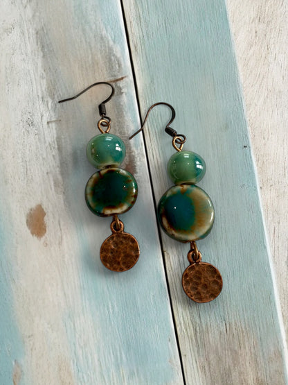 Green Bead and Red Copper Circle Charm Dangle Earrings