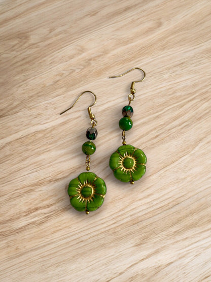 Green Bead and Flower Layered Earrings