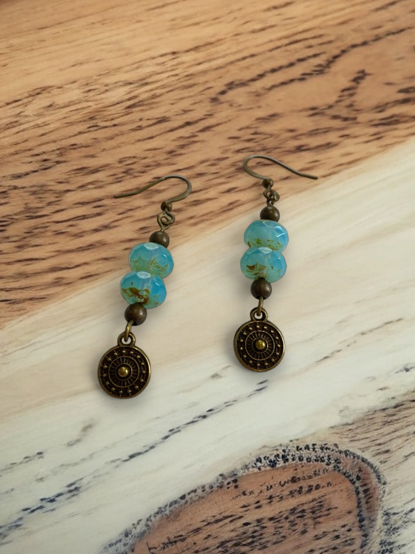 Aqua and Antique Bronze Circle Dangle Earrings