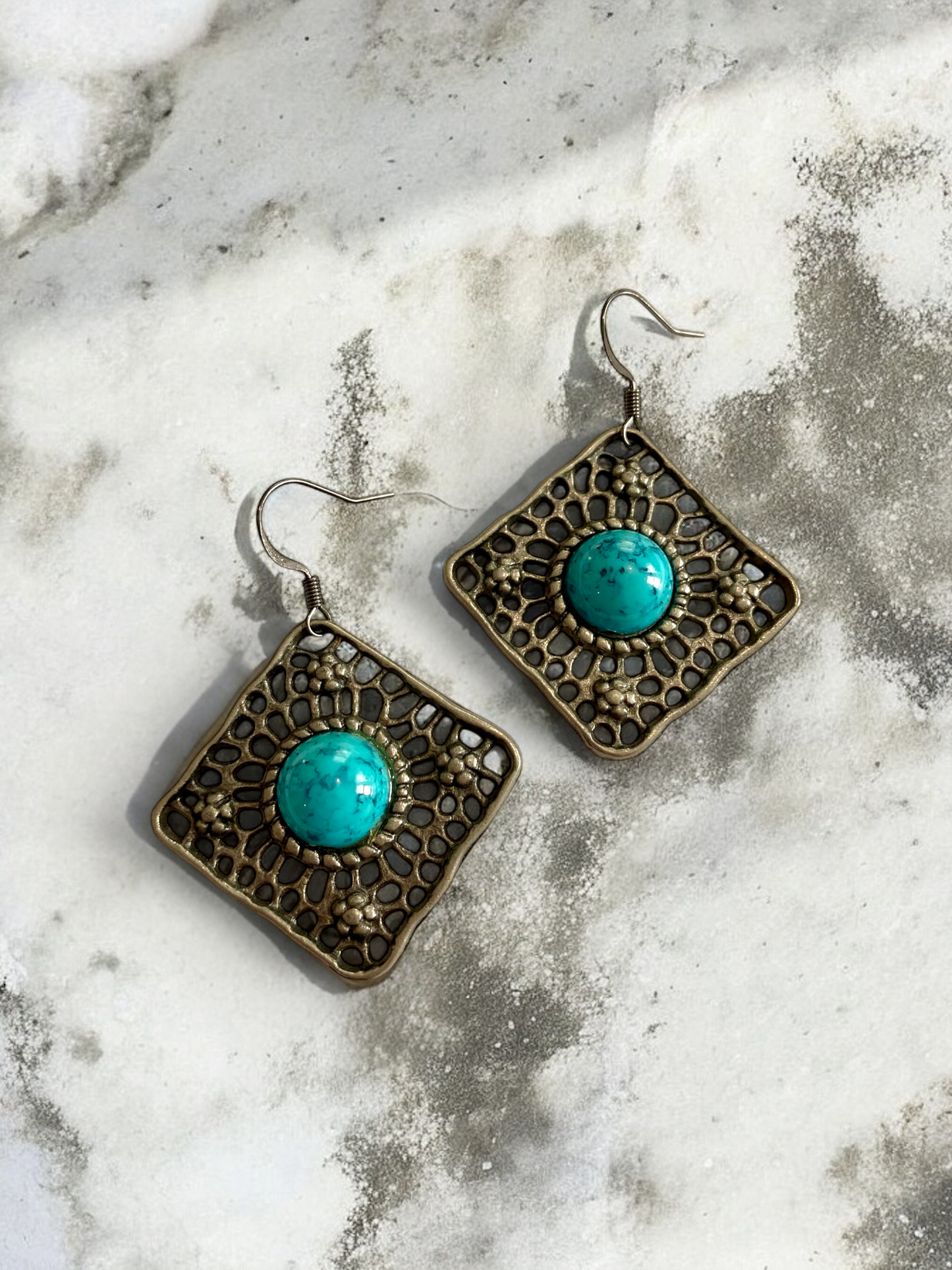 Antique Gunmetal and Turquoise Pendant Earrings