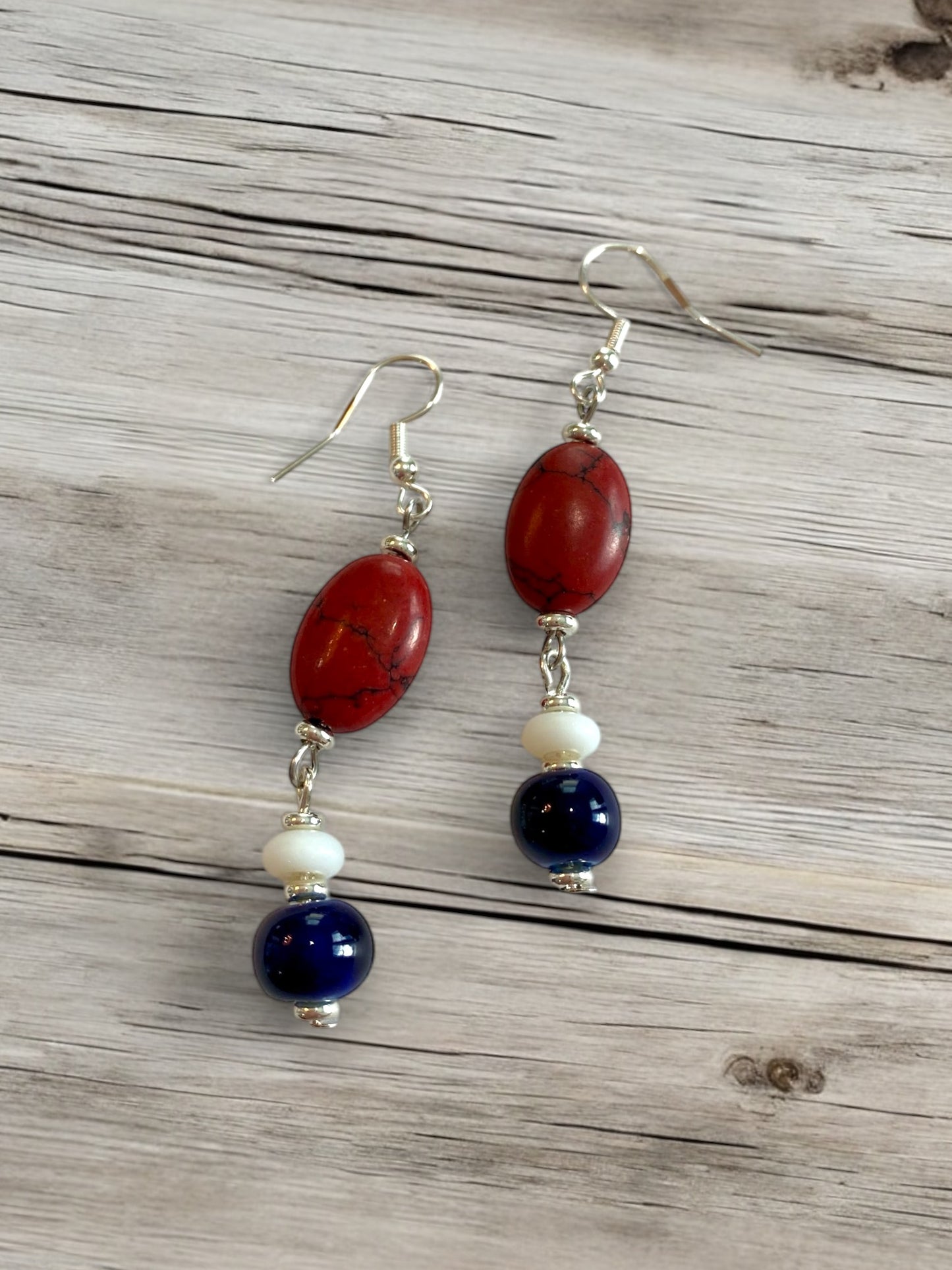 Red, White, and Blue Beaded Dangle Earrings