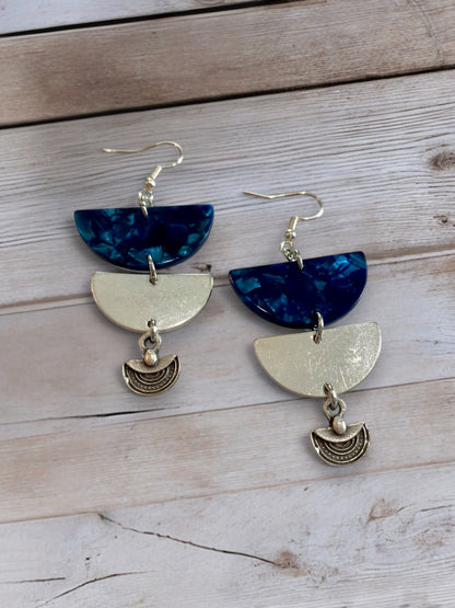 Silver and Blue Tortoiseshell Acetate Layered Earrings