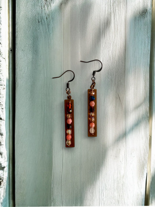 Red Copper Bar and Red and Pink Beaded Drop Earrings