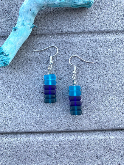 Blue Ombré Stacked Seaglass Drop Earrings