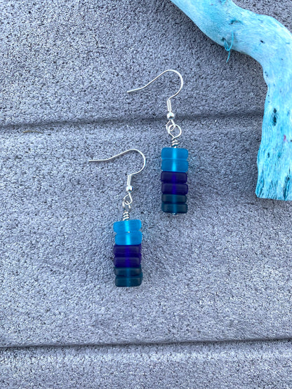 Blue Ombré Stacked Seaglass Drop Earrings