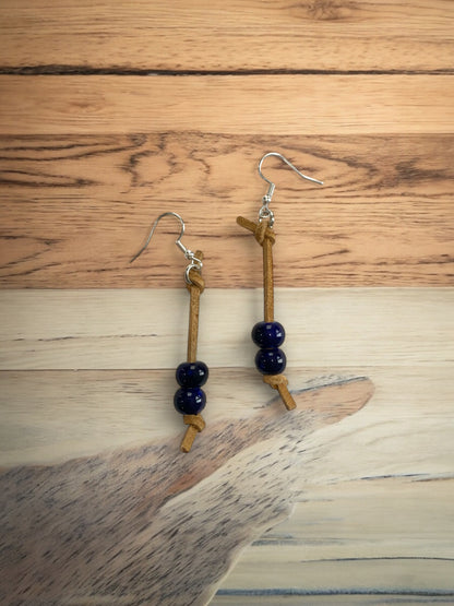 Deep Blue Beaded Knotted Cord Earrings