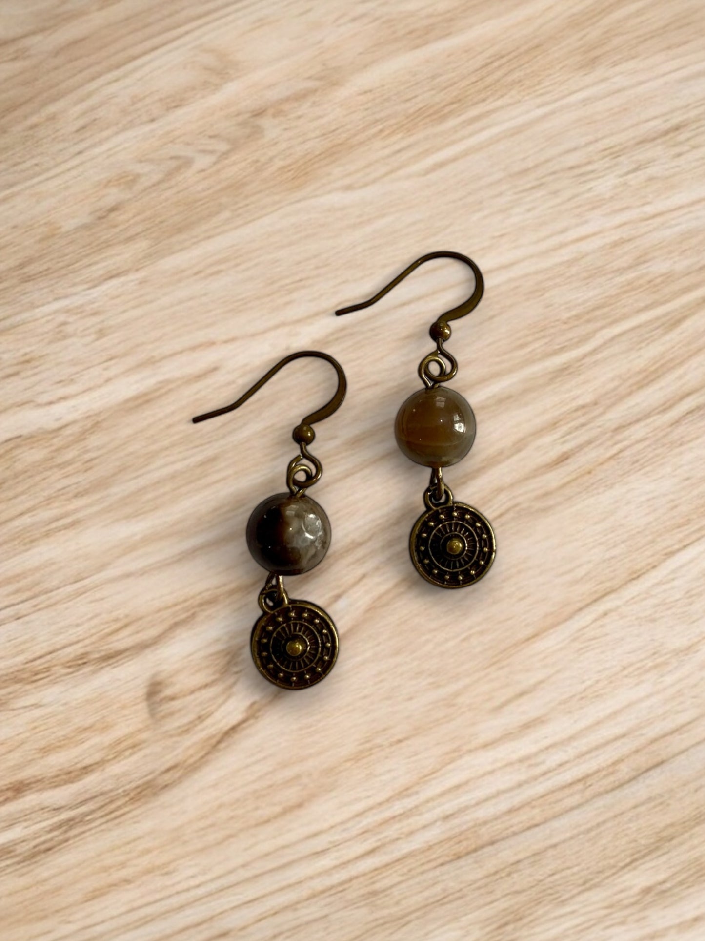 Wooden Opal and Bronze Charm Dangle Earrings