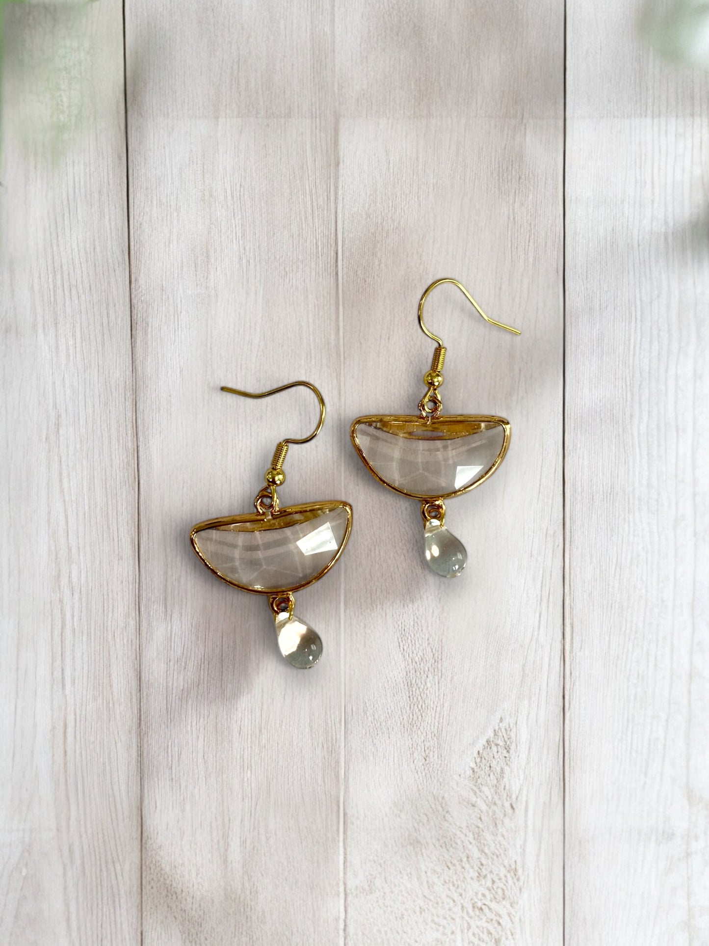 Gold Semicircle Charm and Clear Teardrop Bead Dangle Earrings