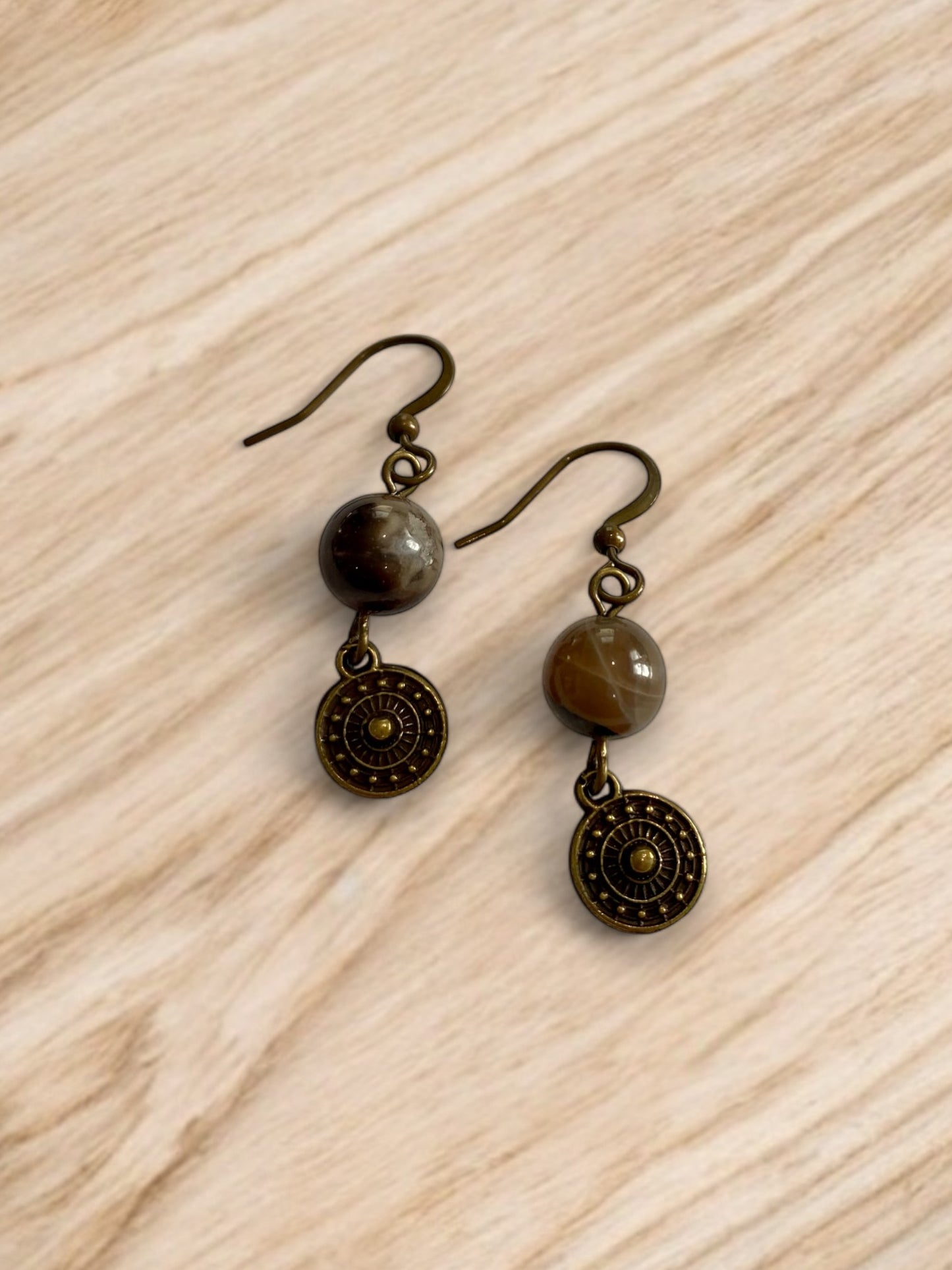 Wooden Opal and Bronze Charm Dangle Earrings