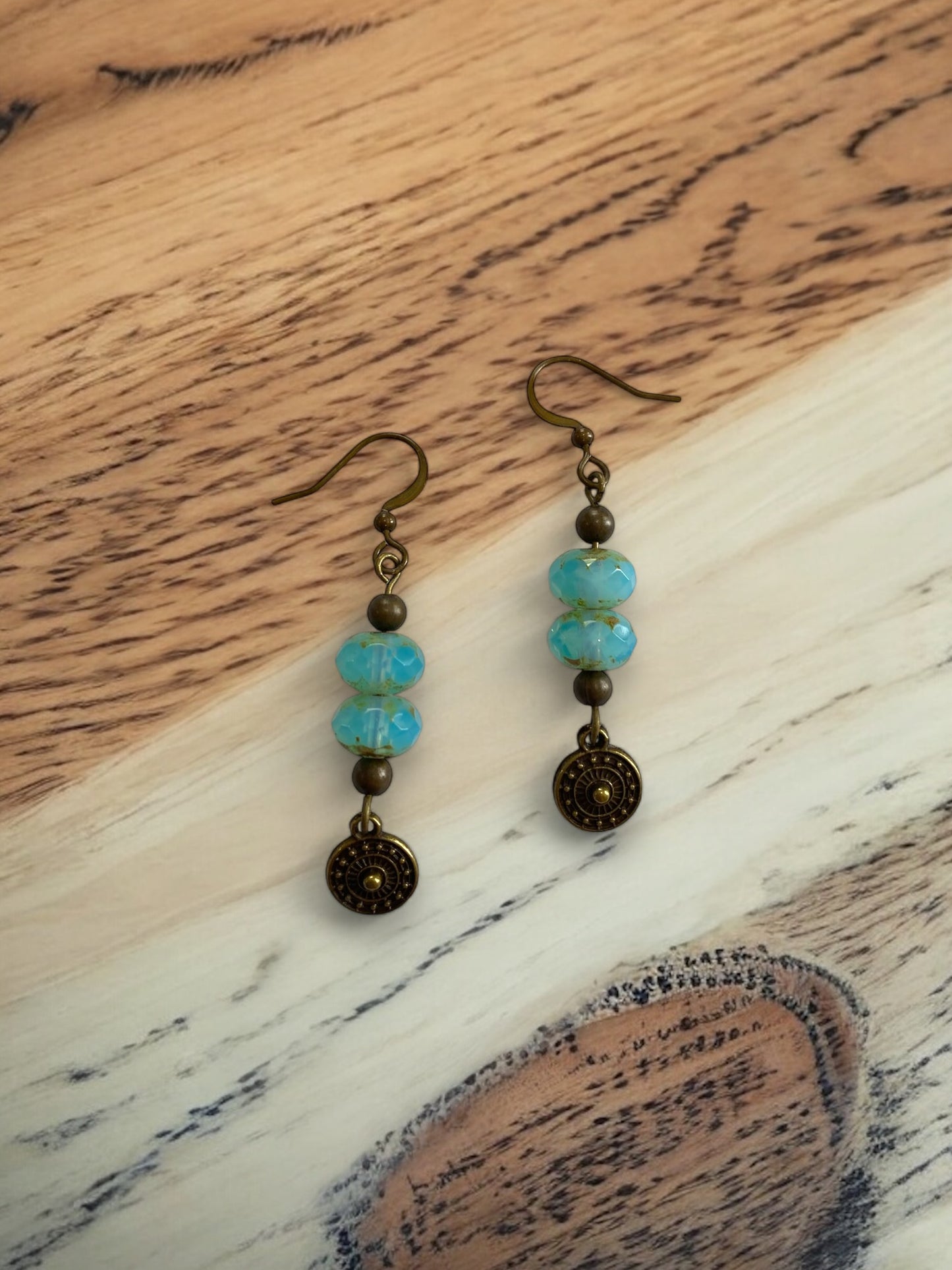 Aqua and Antique Bronze Circle Dangle Earrings