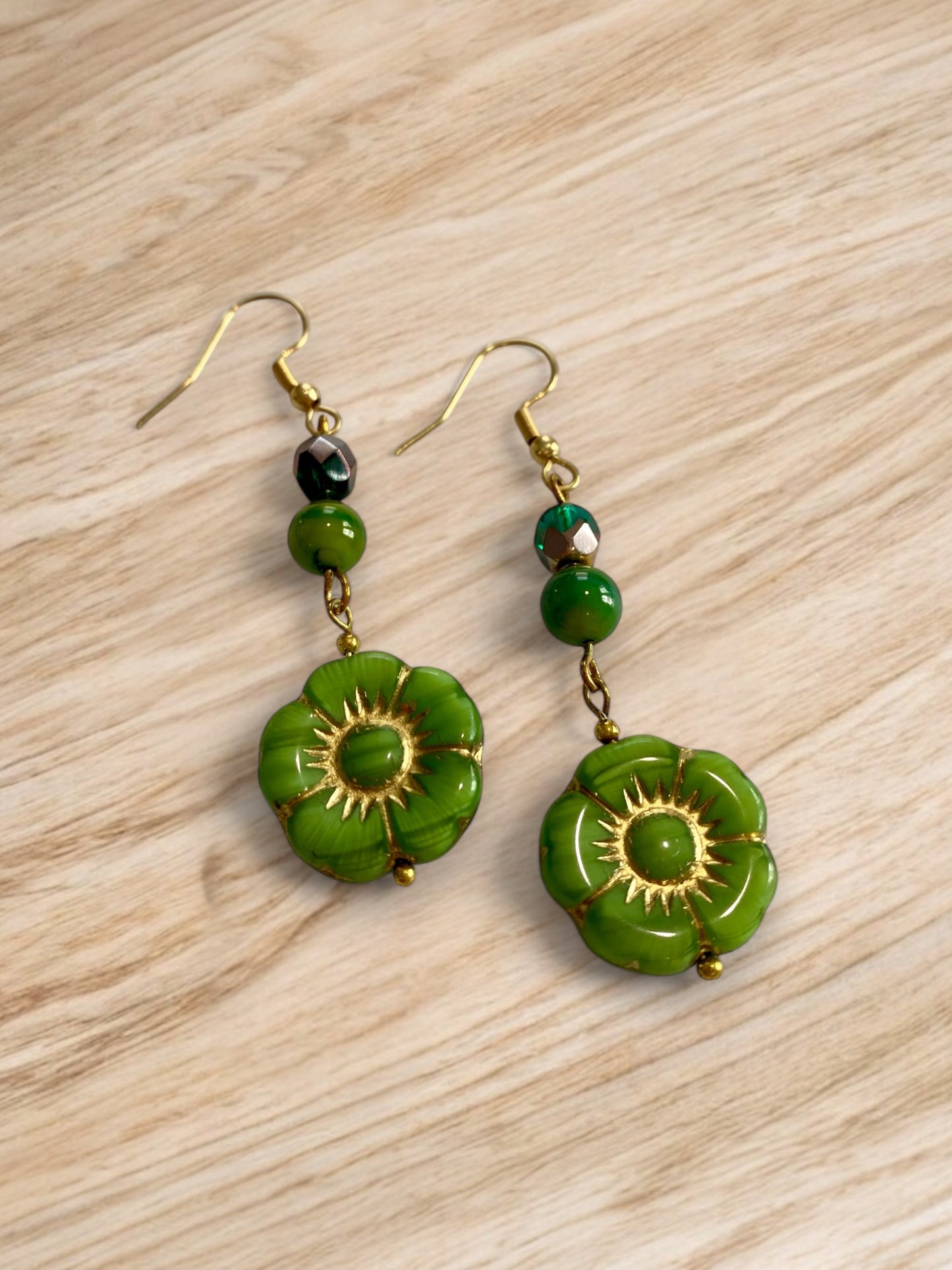 Green Bead and Flower Layered Earrings