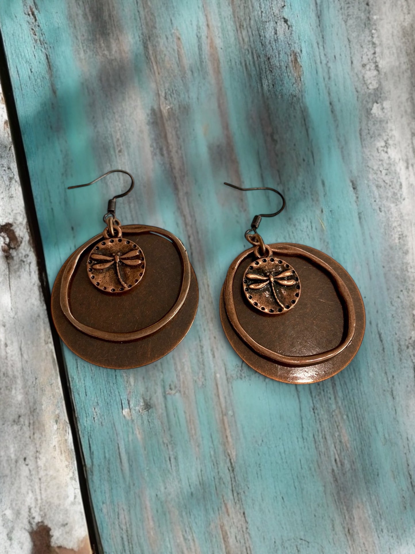 Red Copper Circle and Dragonfly Charms Layered Hoop Earrings