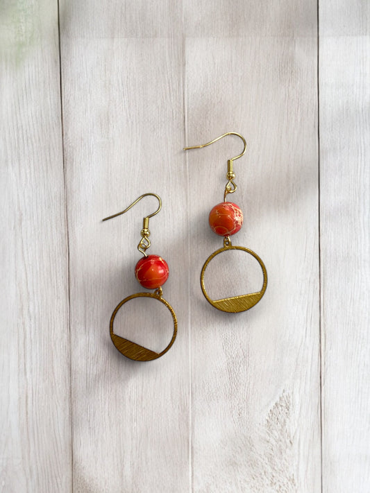 Pink Jasper and Gold Circle Charm Earrings