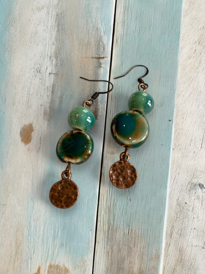 Green Bead and Red Copper Circle Charm Dangle Earrings