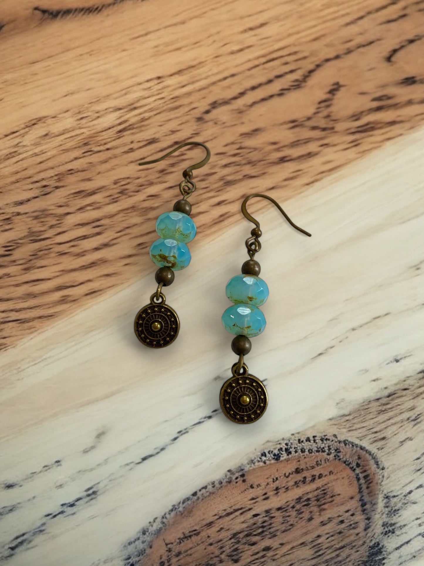 Aqua and Antique Bronze Circle Dangle Earrings