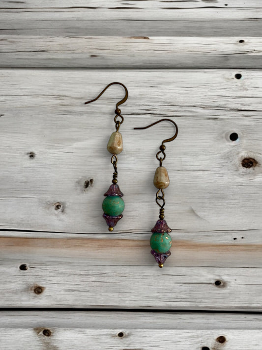 Antique Beaded Wire Wrapped Dangle Earrings