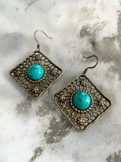 Antique Gunmetal and Turquoise Pendant Earrings