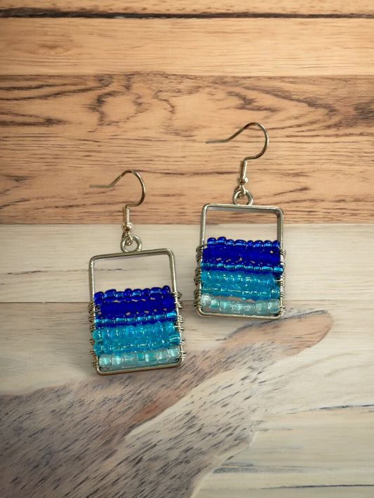 Blue Ombré Beaded Wire-Wrapped Earrings