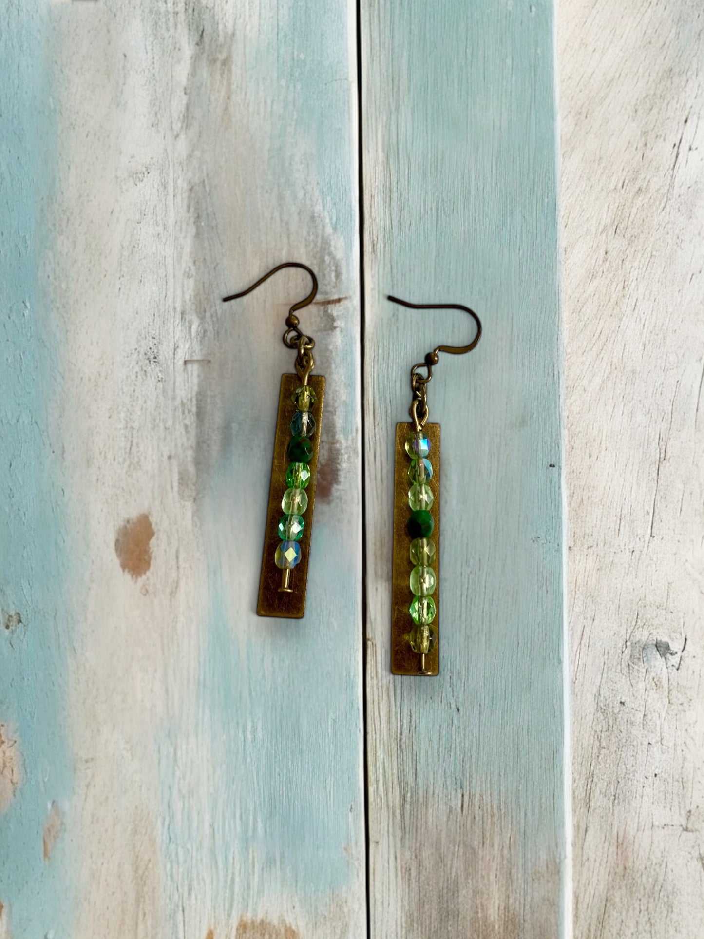 Antique Bronze Bar and Green Beaded Drop Earrings