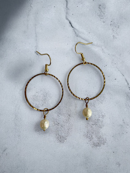 Gold Hoop and Pearl Earrings