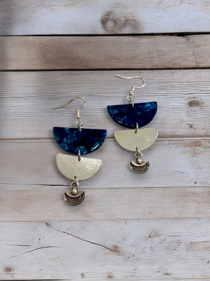 Silver and Blue Tortoiseshell Acetate Layered Earrings