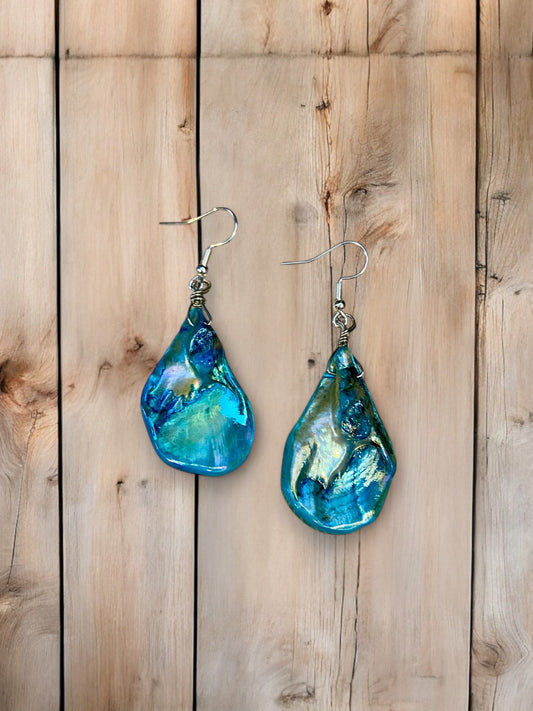 Large Blue Teardrop Shell Pendant Earrings