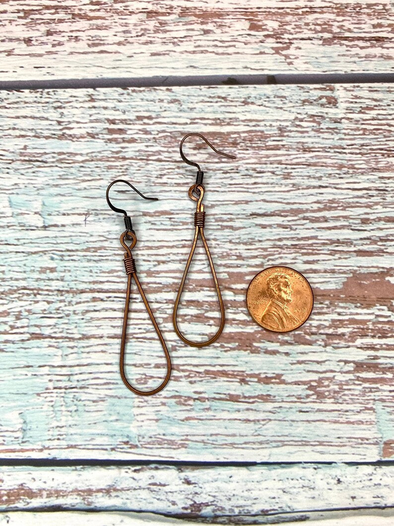 Wire Wrapped Red Copper Teardrop Hoop Earrings