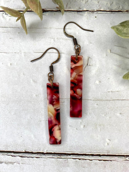 Red and Pink Tortoiseshell Acetate Rectangle Bar Earrings