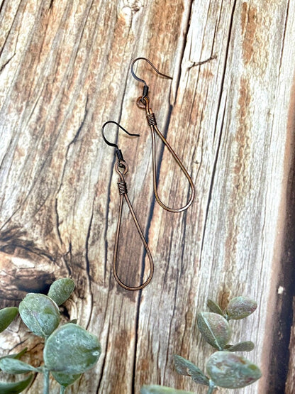 Wire Wrapped Red Copper Teardrop Hoop Earrings