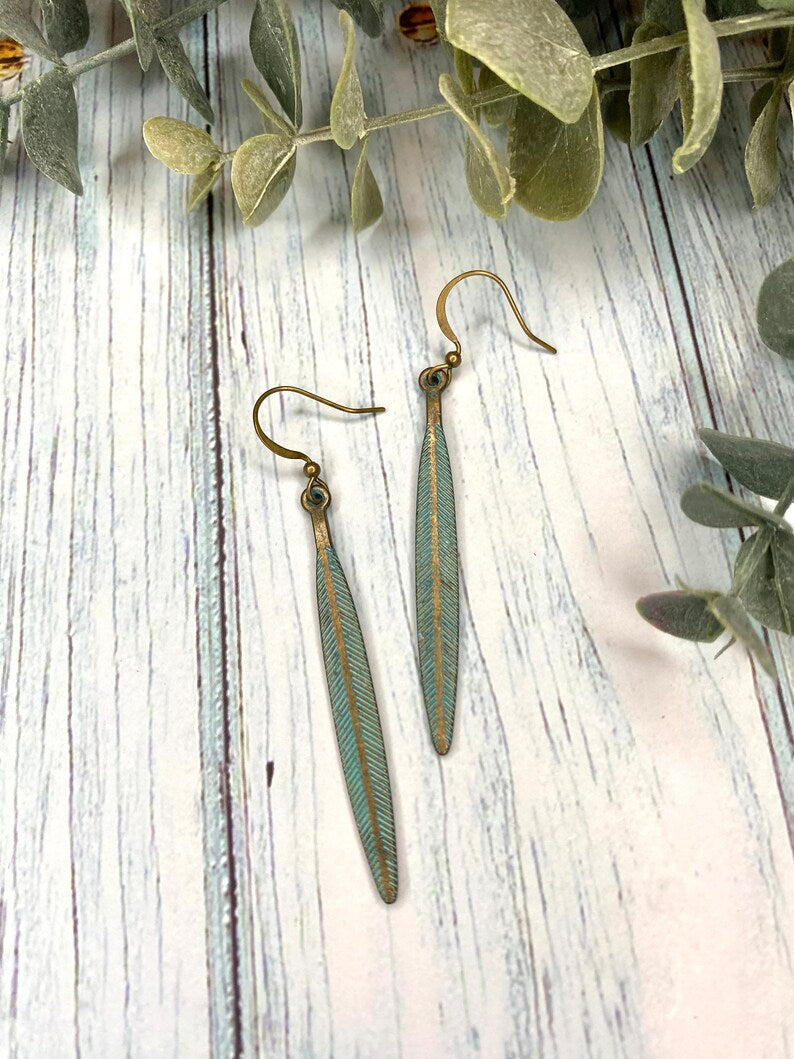 Patina Feather Pendant Earrings