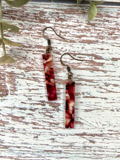 Red and Pink Tortoiseshell Acetate Rectangle Bar Earrings